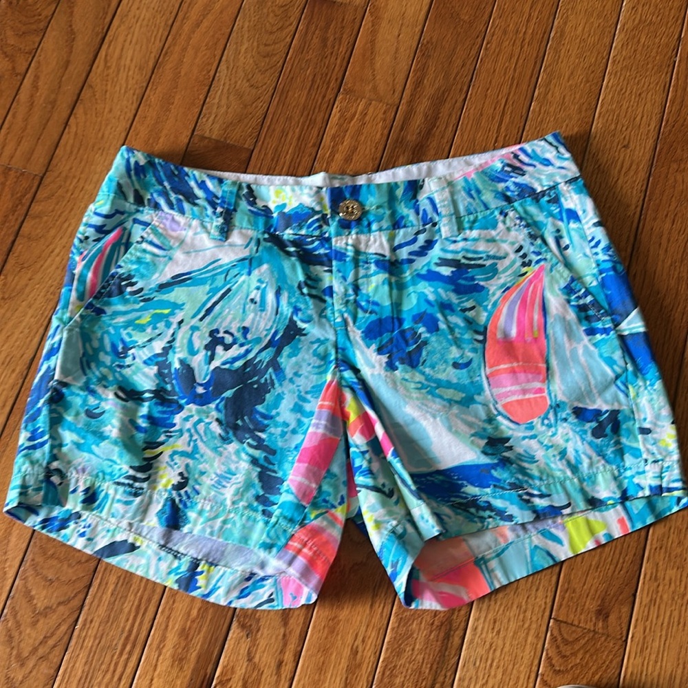 Lilly Pulitzer Blue and Pink Callahan Shorts Tropical Print